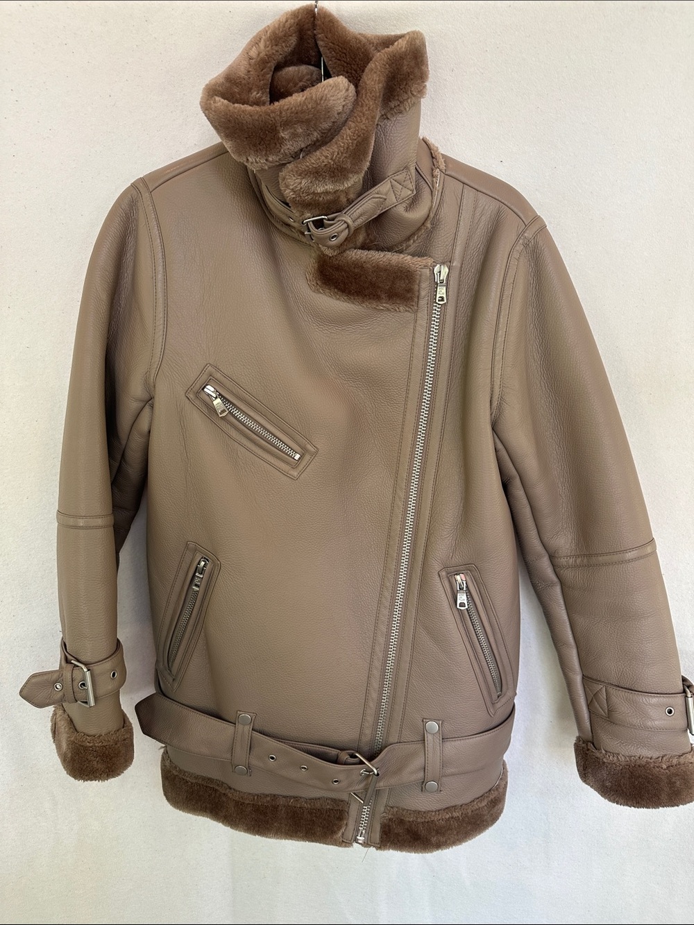 Avec Les Filles Taupe Leather Shearling-Trim Bomber Jacket